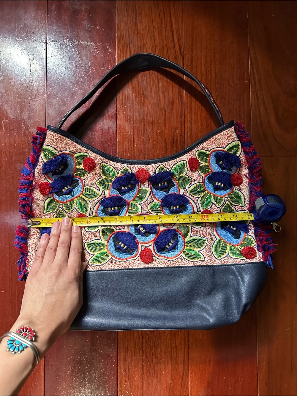 Navy Leather Floral Embroidered Tory Burch Purse, Tote, Shoulder Bag - Picture 4 of 5